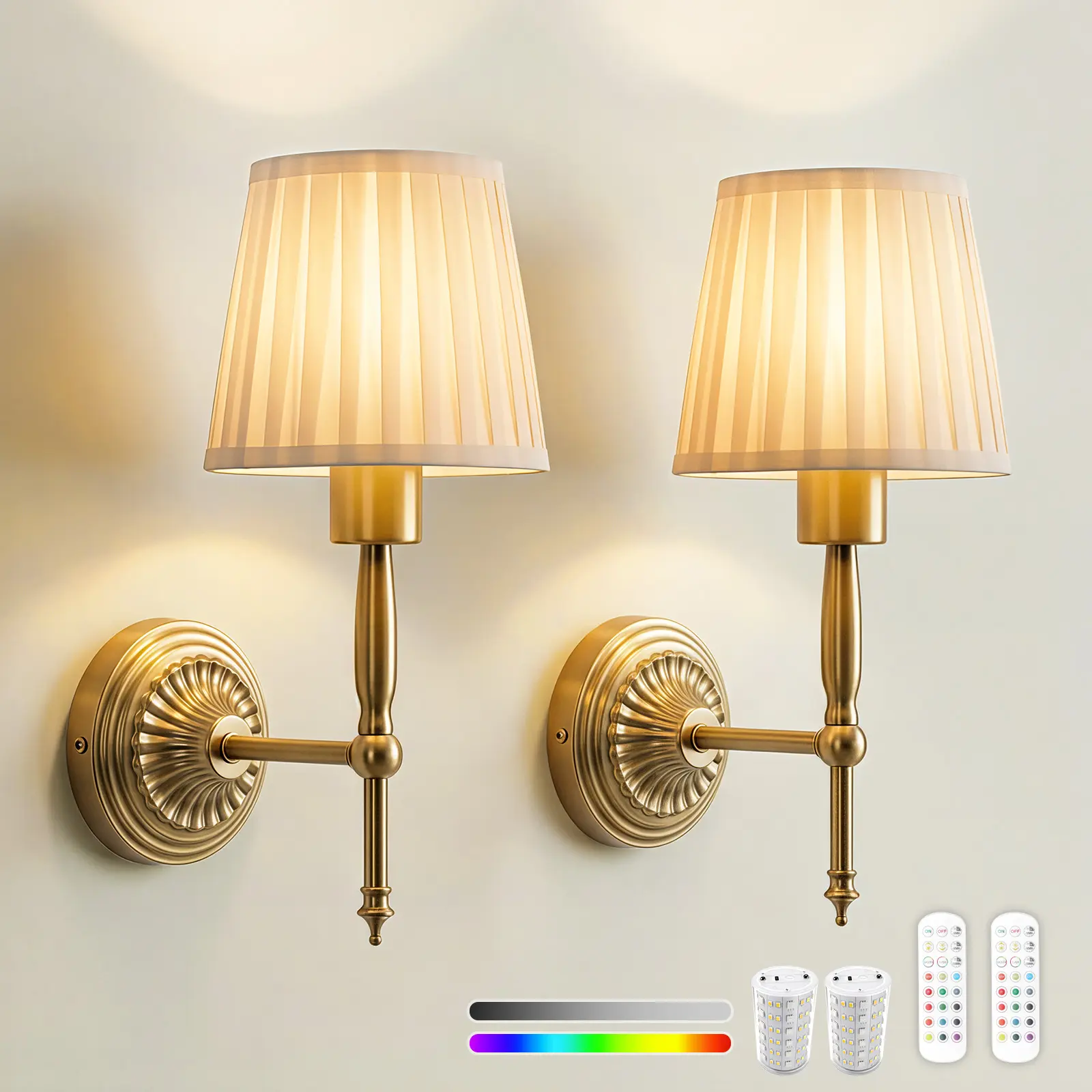 BLITZHOME Battery Operated Wall Sconce Set of 2, Wireless Fabric Wall Lamp, 10000mAh Type-C Rechargeable LED Bulbs with Remote, 15 Light Colors, Dimmable, Timer, No-Drill Adhesive, for Bedroom, Living Room, Hallway, Reading Nook