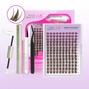 VEYESBEAUTY Brown Manga Cluster Lashes Eyelashes Cluster Individual Lash Extensions with Bond & Seal Tweezer Dramatic Volume Eyelash Makeup Cosmetic Application at Home