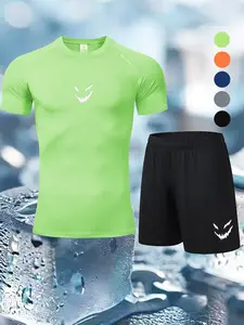 Men's 2-Piece Sports Set, Compressive Breathable Short Sleeve T-Shirt + Loose Shorts, Elastic Comfort Fabric, Ideal for Gym, Running, Hiking