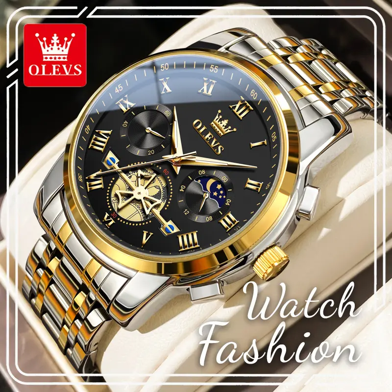 OLEVS Premium Two-Tone Chronograph Watch, Black Dial & Roman Numerals, 24-Hour Indicator, Luminous & Waterproof Quartz, Luxury Formal Wear, Ideal Gift for Men, 2859