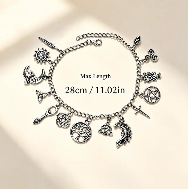 Vintage Witchy Symbolic Bracelet - Silver-Tone Pagan-Inspired Lightweight Jewelry with Moon, Sun, Tree of Life, Owl, Pentagram, Feather Charms - Celestial Gothic Boho Gift for Alternative Style Bracelets & Bangles, Adjustable, Everyday, Vintage Silver-Ton