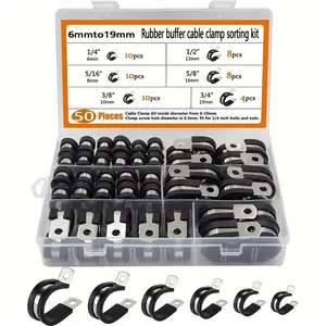 50pcs Stainless Steel Heavy Duty Hose Clamp Set, R Type Cable Clamps with Rubber Strips, Corrosion Resistant Wire Fixing Clips, 6mm to 19mm, Tool Box Included