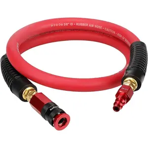 Rubber Air Hose, Durable Air Compressor Hose 3/8 Inch ID By 3  Long with Swivel Universal Aluminium Quick Coupler and Plug, 300 PSI Maximum , Red