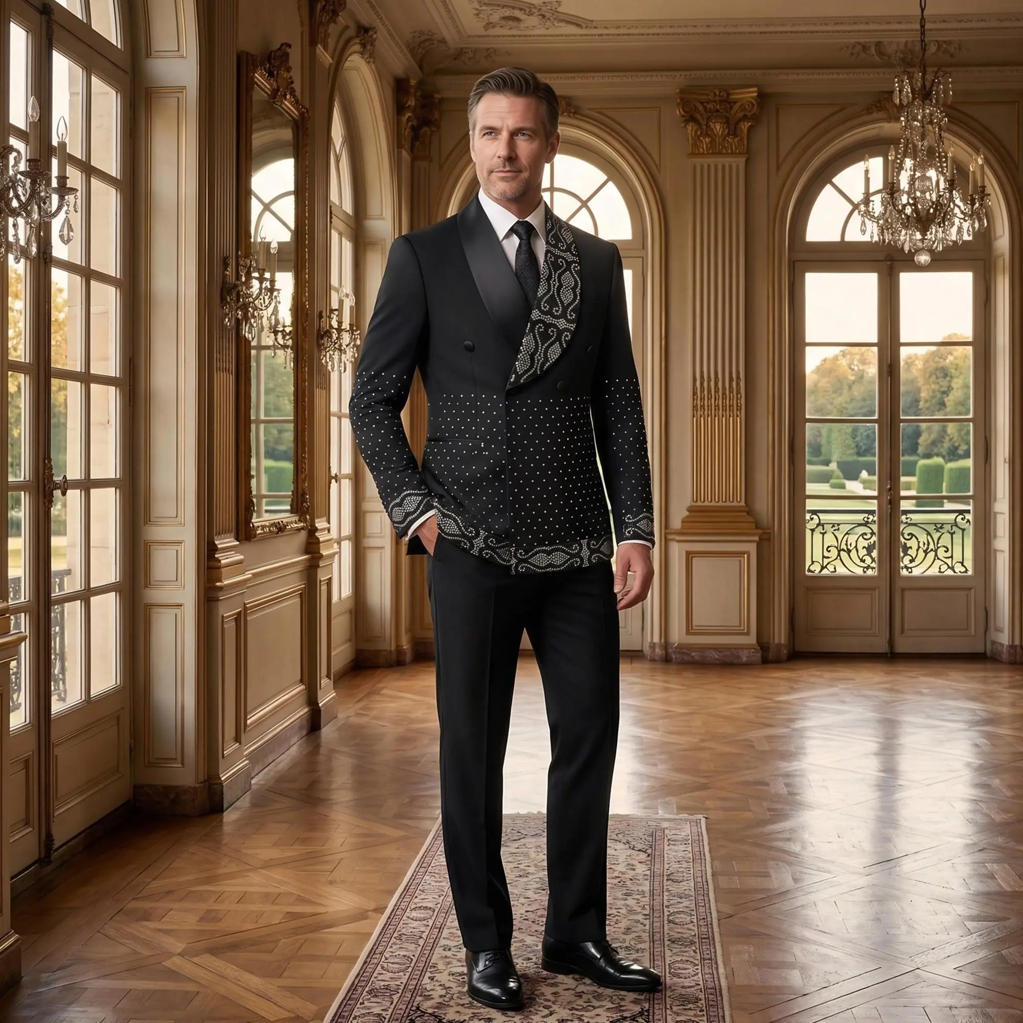 Men's 2-Piece Menswear Set, Chic Double-Breasted Jacket with Hand-Embellished Details, Satin Lapel, and Matching Rayon Pants with Statement Buttons