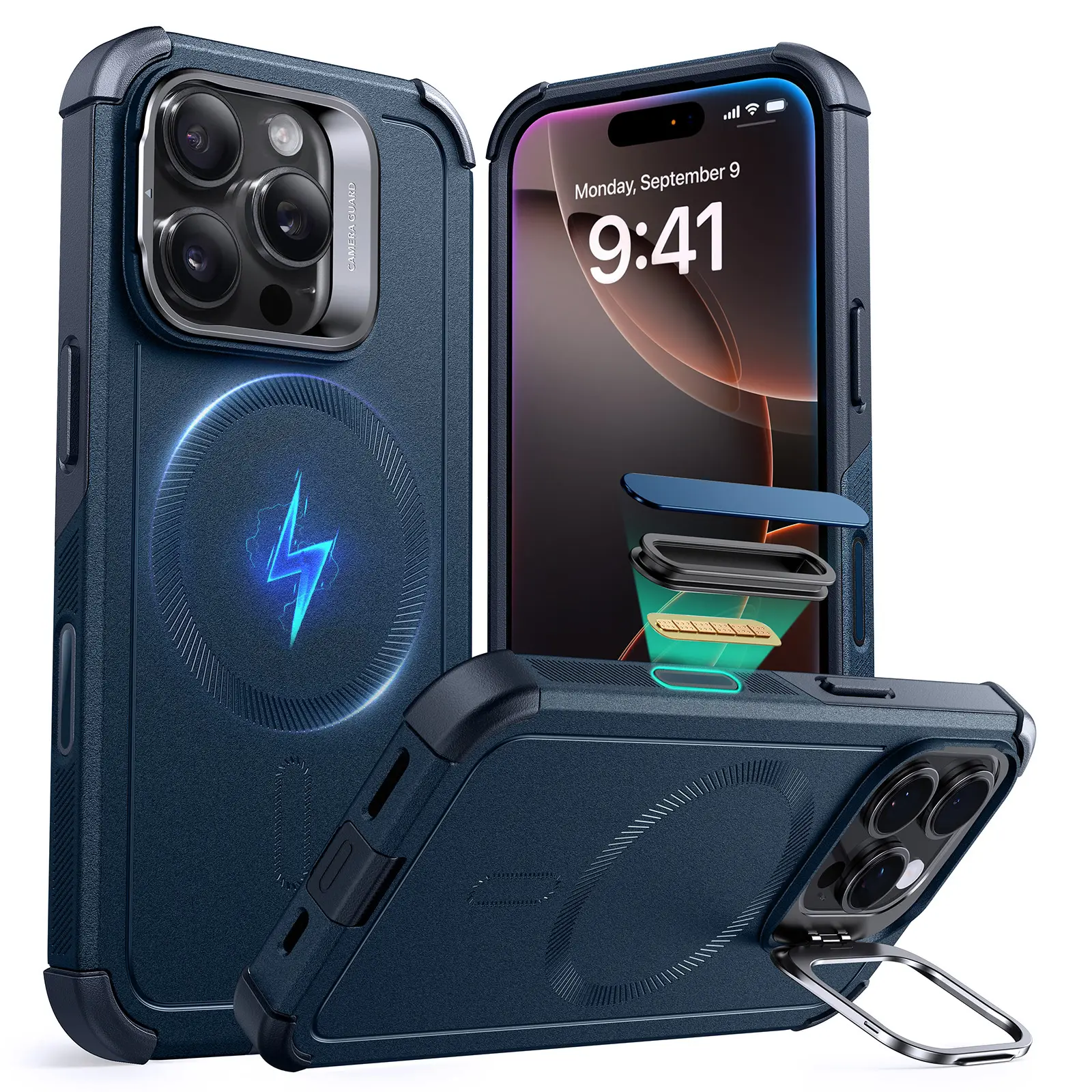 ESR Magnetic Cyber Series Cellphone Casing for iPhone 17/16/15, Handheld Devices Accessory with Stash Stand, Camera Control, 23FT Military-Grade Shock-Absorbing Drop Protection, MagSafe Compatibility, Landscape View Functionality