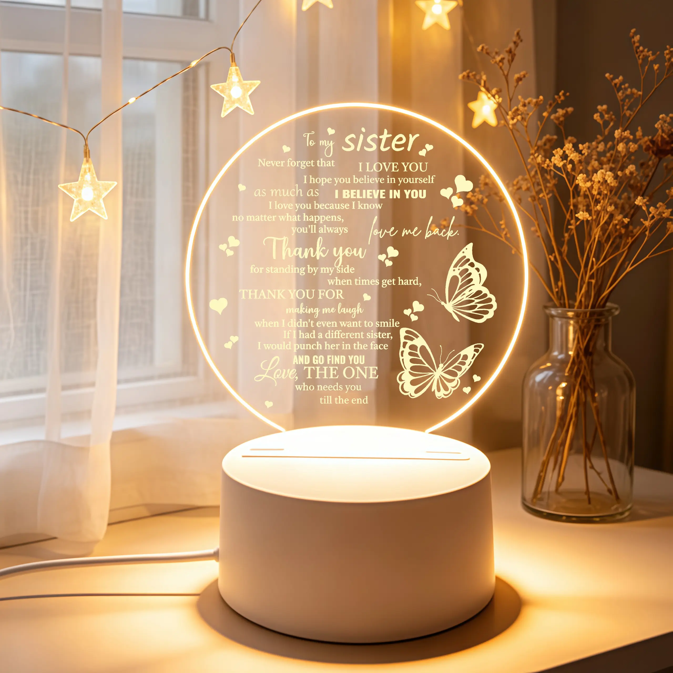 To My Sister Birthday Gift Acrylic Night Light, Round Butterfly LED Lamp for Bedroom Decor, Inspirational I Love You Forever Sister Gift, Desk Decor for Sister from Sister