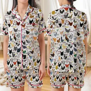 Chicken Print Pajama Set for Mom & Kids, Cute Satin Animal Sleepwear, Funny Matching Lounge Outfit, Personalized Family Gift Idea