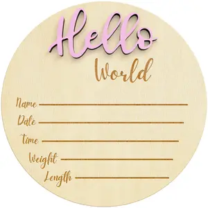 Kemina Blankets Wooden Baby Announcement Sign – 6-Inch Pink “Hello World” Disc for Newborn Name, Birth Announcements, Nursery Decor