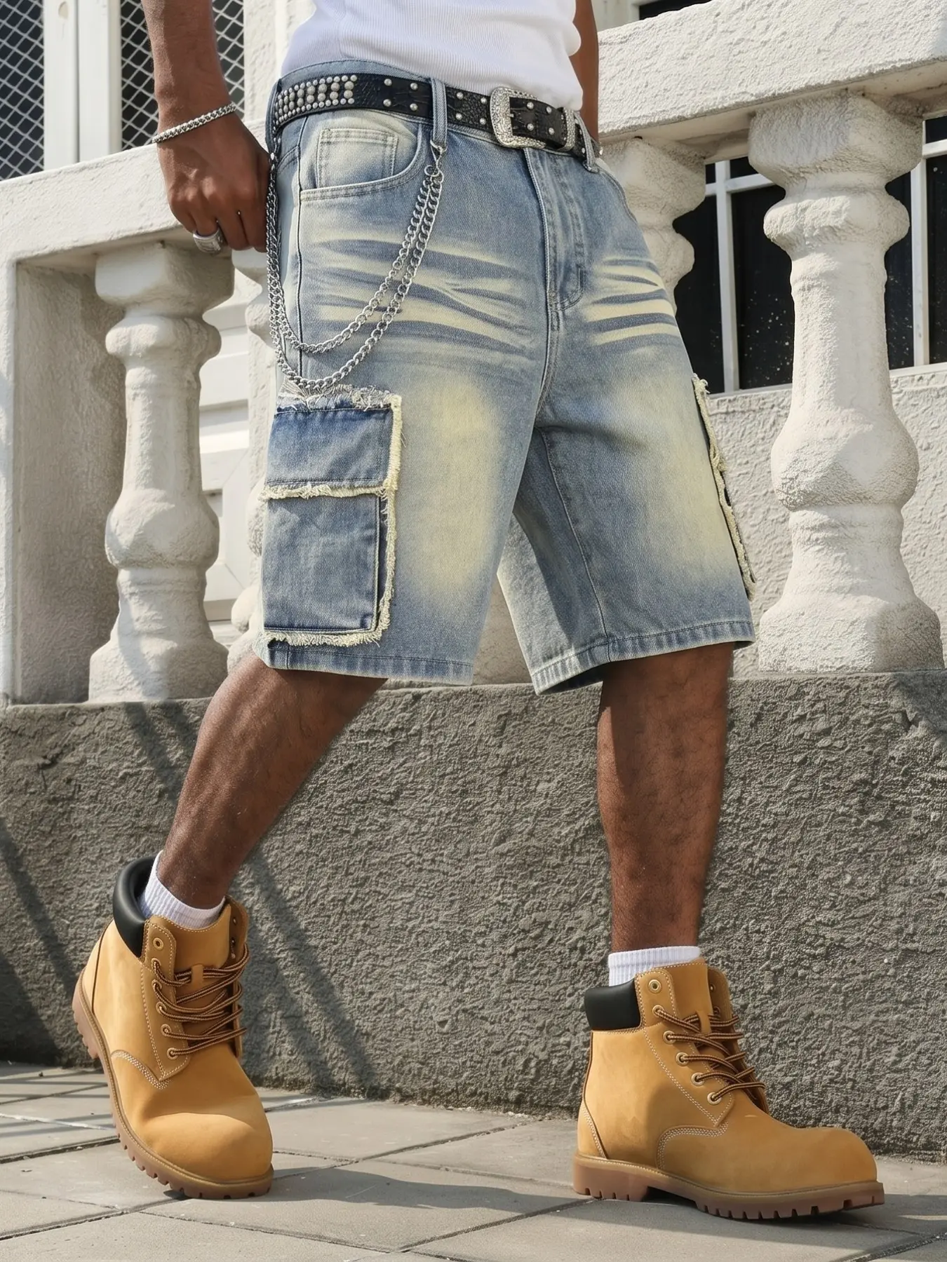 Men's Vintage Washed Edge Workwear Denim Pocket Shorts, Loose Casual Street, Summer Loose Fit Mid Waist Five-Quarter Pants, Streetwear Utility Style