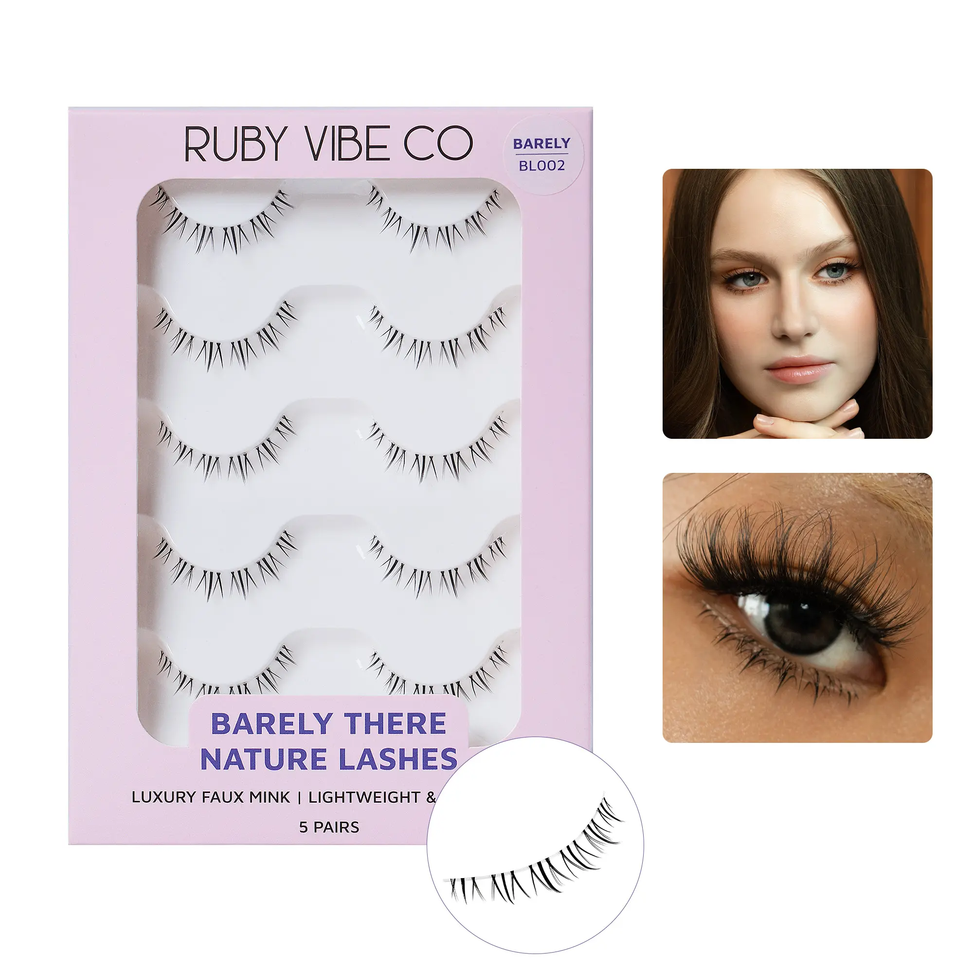 RUBY VIBE CO Light Flutter BL002 Natural Strip Lashes, Clear Band Lightweight False Eyelashes, Wispy Everyday Lash Strips, Vegan Reusable, 5 Pairs