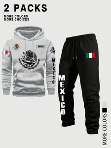 Men's Mexican Style Fitted Set, 2 Piece Long Sleeve Hoodie & Sweatpants, Flag Eagle Snake Print, Multicolor, Casual Travel Outdoor Wear, Fall & Winter