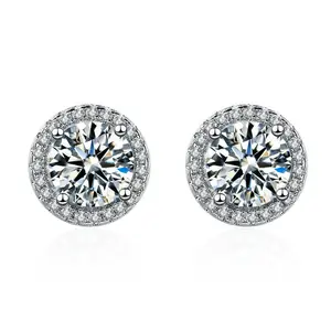 18K Gold Plated Moissanite Full Diamond Round Stud Earrings Women's Fashion Classic Jewelry Gift for Her