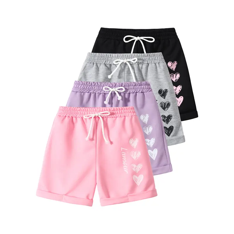 Girls' 4-Piece Casual Summer Shorts Set, Heart Graphic Print with Bow Design, Elastic Waist, for Kids Clothing Girls Daily Exercise & Back to School, Spring & Summer Vibes, 4-Piece Set