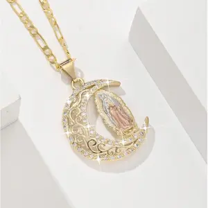 Virgin Mary crescent moon necklace elegance blends with divine sparkling beauty