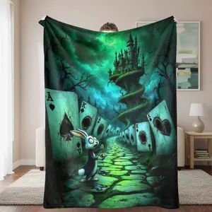 Whimsical Wonderland Flannel Blanket， Surreal Alice Adventure Print， Ultra Soft， Cozy， Warm， Perfect for Home Decor， Reading Nook， Travel Companion， Ideal Gift for Fantasy Enthusiasts， Housewarming， and Special Occasions.