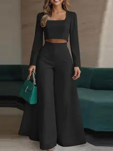 Women's Casual Chic Solid Color Outfit Set, Square Neck Long Sleeve Crop Top Shirt with Side Zipper + Back Elastic High Waist Wide Leg Pants