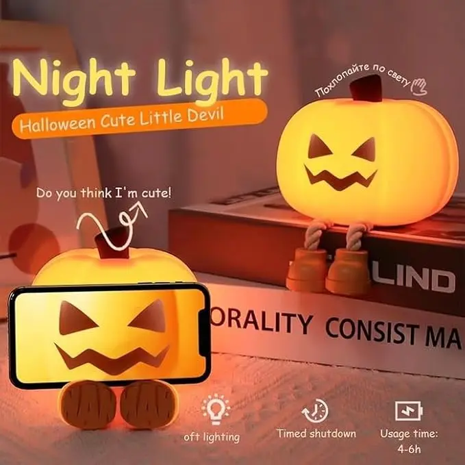 Halloween Pumpkin Rechargeable Silicone Touch LED Night Light - 3-Level Dimmable, Waterproof, Kid-Safe, USB Mobile Light for Indoor Decor (Limit 2 per order)