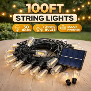 100FT Waterproof Solar Outdoor String Lights with Shatterproof ST38 Vintage Edison Bulbs,2700K Dimmable,Outside Hanging Light Waterproof for Porch