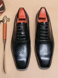 Men's Business Formal Brogue Decor Lace Up Dress Shoes, Fashionable Breathable Comfortable Shoes for Work Office, Male All-match Shoes for Daily Wear, Boy, Square Toe Shoes
