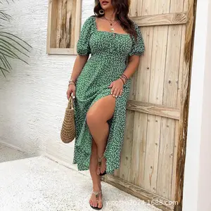 【Plus Size】 Ditsy Floral / All Over Print Split Thigh Dress, Casual Puff Sleeve Tie Front Dress, Women Plus Clothing for Summer Daily Wear