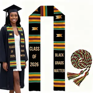 2 Pcs Graduation Kente Stole Set Black African Honor Cord & Sash for Adults Unisex College Graduation Ceremony