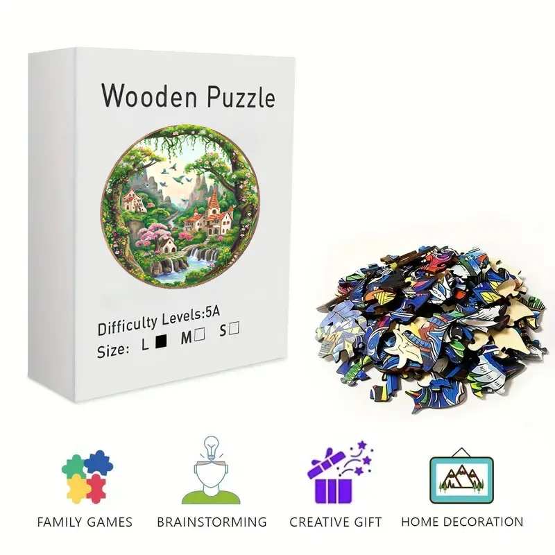 Enchanted Fairy Village Wooden Jigsaw Puzzle for Adults/Kids - Whimsical Art, Irregular Wooden Pieces, Observation Brain Teaser, Stress Relief, Framable Home Wall Decor, Fairy Themed Birthday