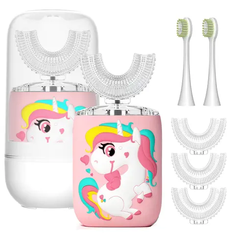 PVOGRT Kids' Pink Unicorn U-Shaped Rechargeable Electric Toothbrush & Portable Teeth Cleaner Kit - 4 Soft Brush Heads, Watermelon Toothpaste, IPX7 Waterproof, 8-15 Age Group, Cleansing, Fresh Breath, Active Kids, At Home Dental, Bright Smile Oral Care