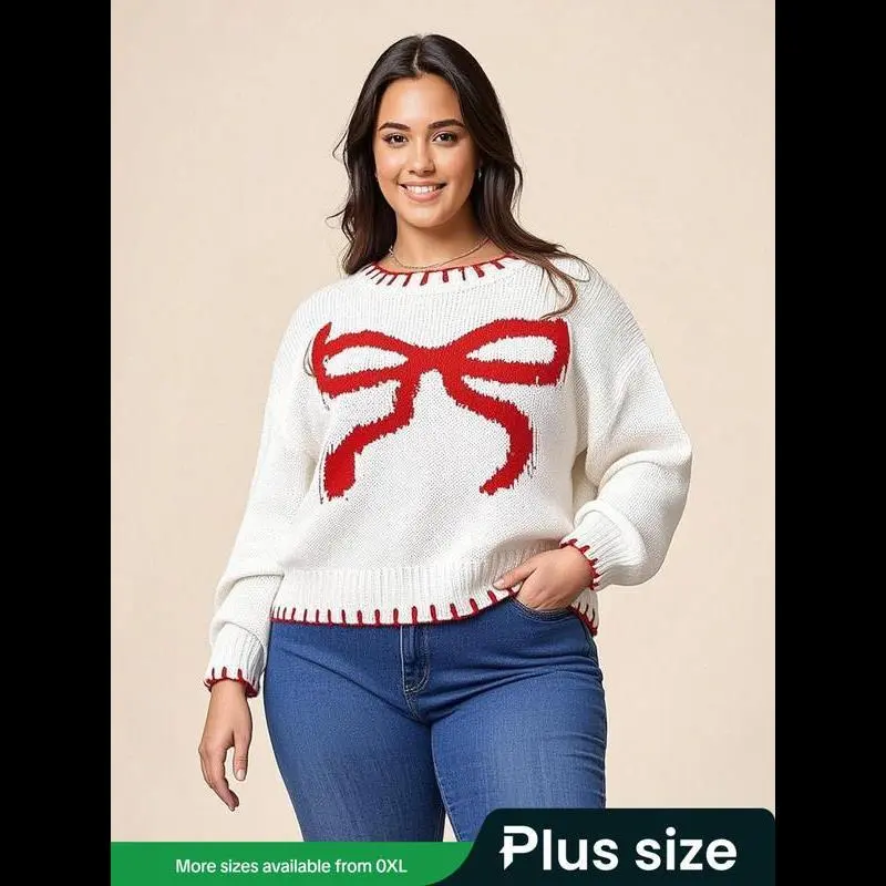 NewLady's Plus Size Simple Soft Knitting Fabric Bow Print Drop-Shoulder Longsleeve Round Neck Casual Jumper - 1-Piece Fall-Winter Daily Sports & Outdoor Clothing Top (New)