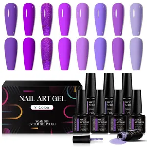 Gel Nail Polish Set 8 Colors Gel Polish Set Purple Nude Nail Polish Soak Off LED Nail Art Manicure Holiday Grape Purple Gel Nail Kit Gifts for Women DIY Home Salon