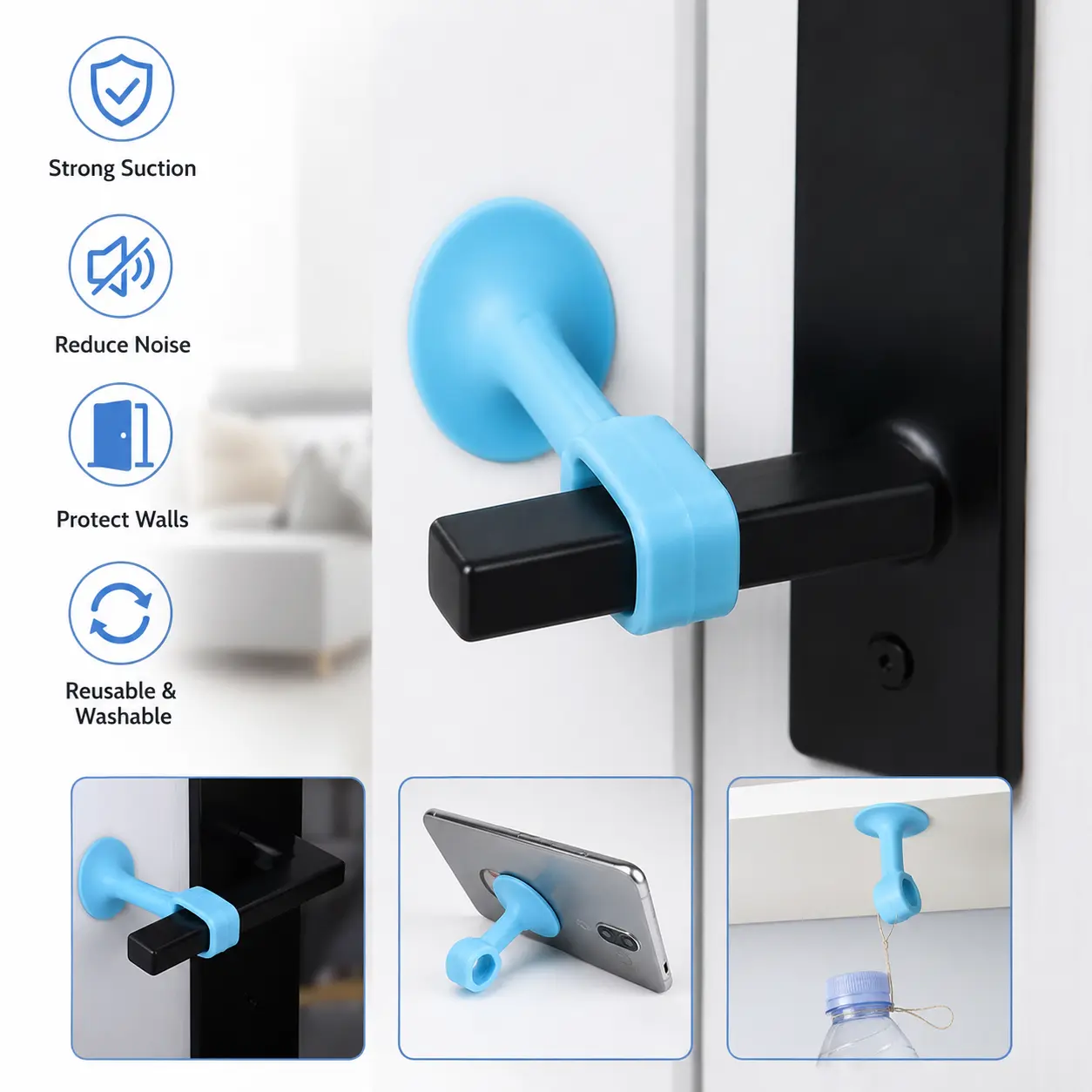 1-Piece Silicone Suction Door Stop - No Punching, Reusable, Washable, No Residue, Strong Suction for Smooth Surfaces, Multiple Rooms (Home, Bathroom), One-Piece