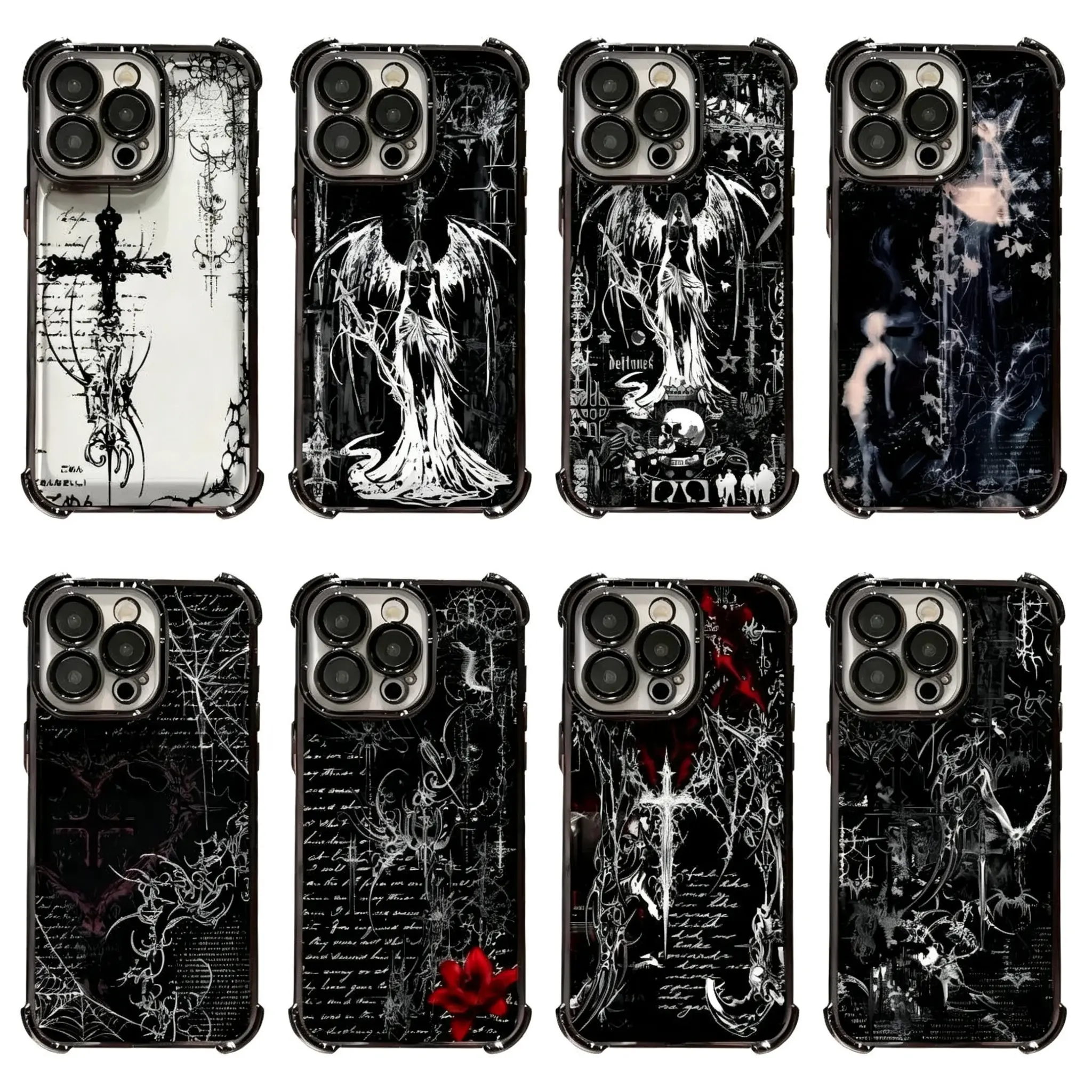 INS Artistic Gothic Cyber Sigilism Angel Cross Phone Cases For iPhone 17 Promax Pro Air 16 Plus 15 14 13 12 11 Samsung S26-22ultra plus  Transparent Black TPU Shockproof Protective Cover Gift For Birthday Christmas Valentine Halloween magsafe wireless