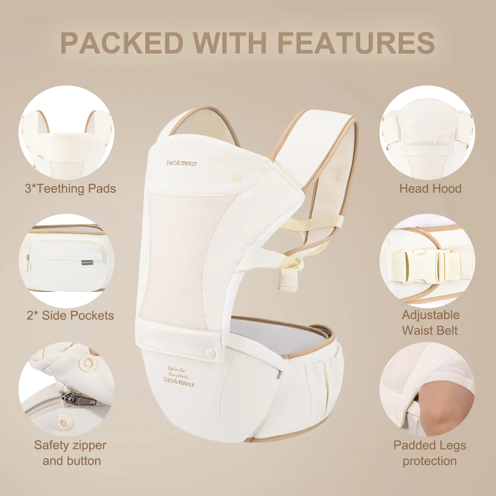 BEBAMOUR Adjustable Ergonomic Baby Carrier with Hip Seat, All-Position Breathable Mesh for Newborn to Toddler, Hands-Free Design with Hood & 3 Teething Pads, Hands Free Carrier, Adjustable Ergonomic Carrier