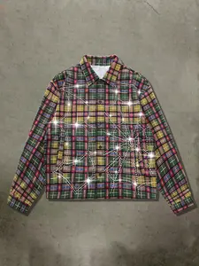 Unisex Rhinestone Graphic Checked Long Sleeve Shirt, Casual Summer Shirt, Casual Comfort Loose Button-Up, Fashionable Street Style, High Quality Short Sleeve Jacket, Casual Button Collared, Casual Loose Top, Collared Shirts