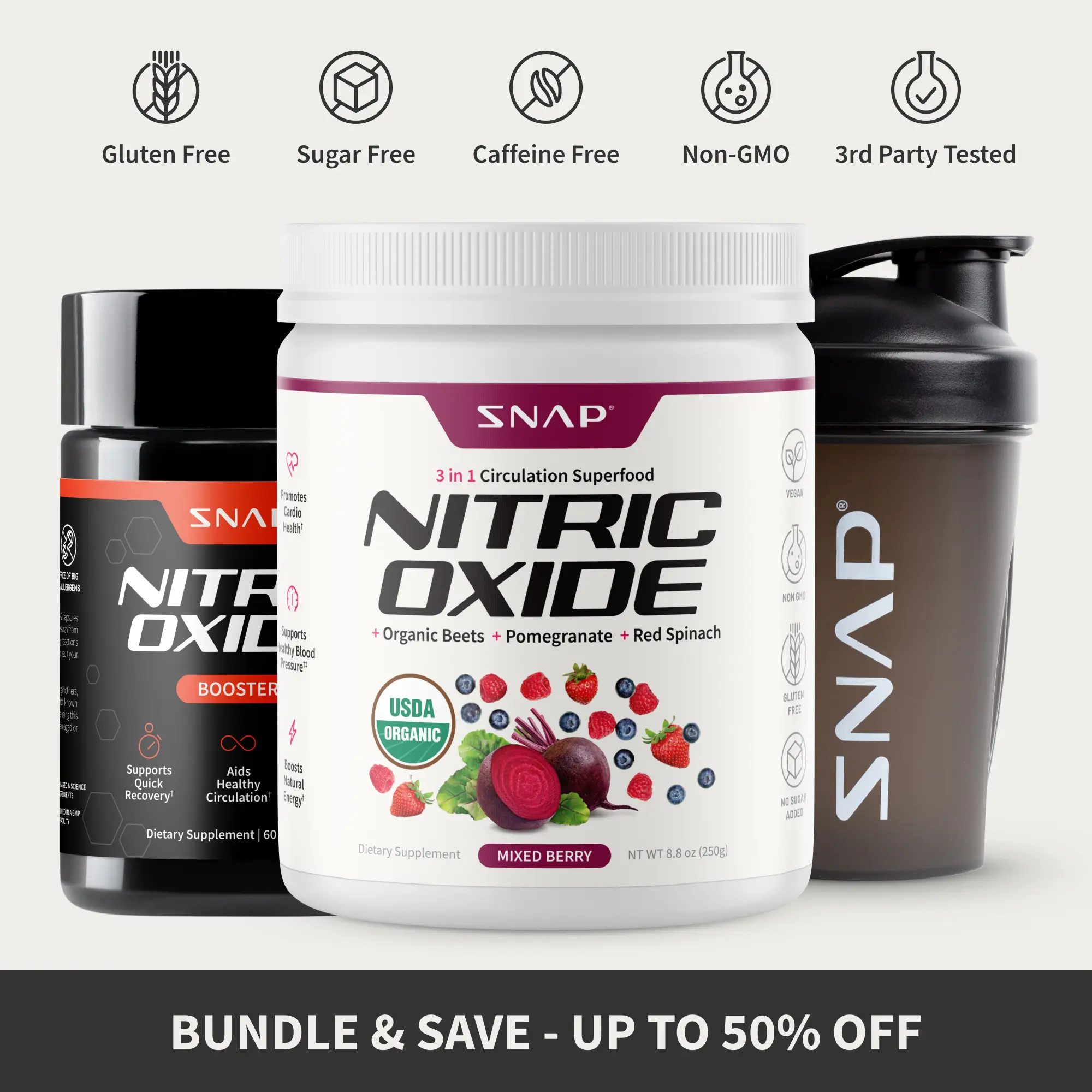 Snap Supplements - Berry Flavor Nitric Oxide Beets + Nitric Oxide Booster 60ct With FREE Shaker (14oz) - Natural Supplement Bundle