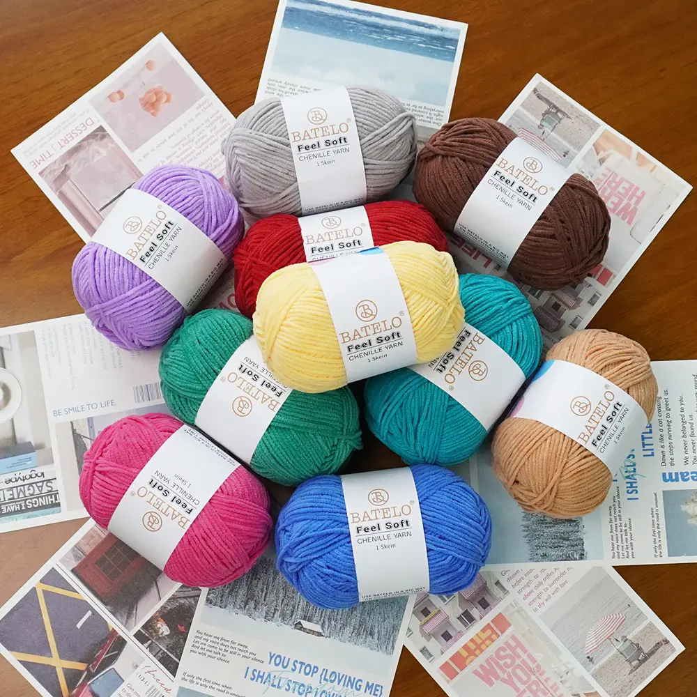 BATELO Soft Plush Thin Chenille Yarn 4 Pack Light Polyester 1.7oz 142yds for Crocheting Knitting Amigurumi DIY Home Decor Mandala Gnome Yarn Pack with Pattern Cards, 4-Pack Value, Includes Pattern Cards