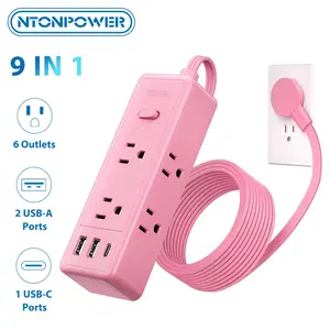 NTONPOWER 10FT Pink Extension Cord Kawaii Power Strip with 6 AC Outlets & 2 USB A Ports 1 USB C Compact for Cute Pink Kawaii Desk Home Essentials
