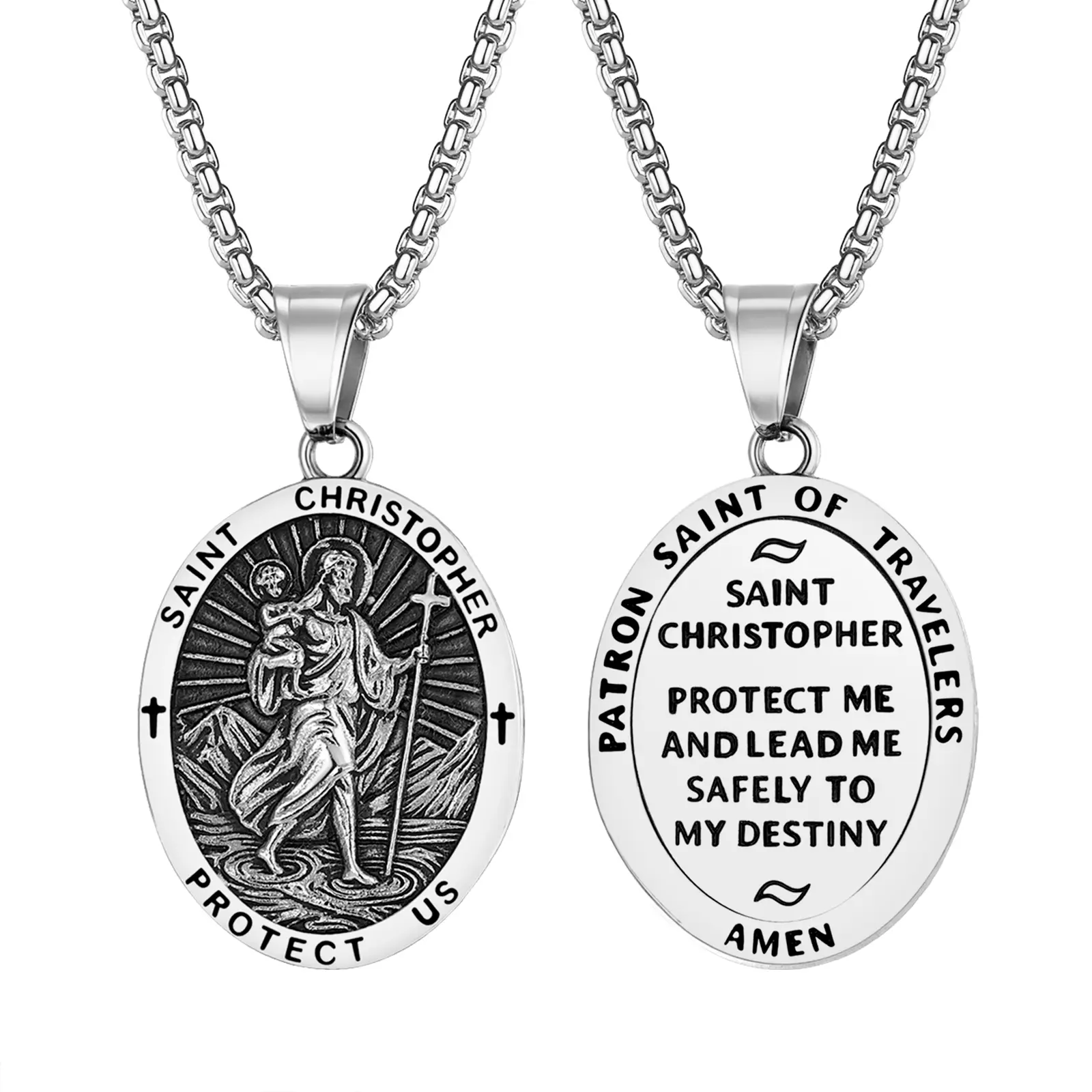 OIDEA Silver St. Christopher Emblem Necklace for Men, Stainless Steel Catholic Patron Saint Protection Travel Amulet Pendant, Stainless Steel Chain Jewelry Necklaces, Stainless Steel Necklaces