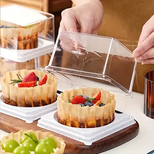 4-Inch Plastic Band Serving Fork Egg Cake Boxes, Transparent Square Background, Round Bottom, Pet Mousse Containers with Lids, Bakeware