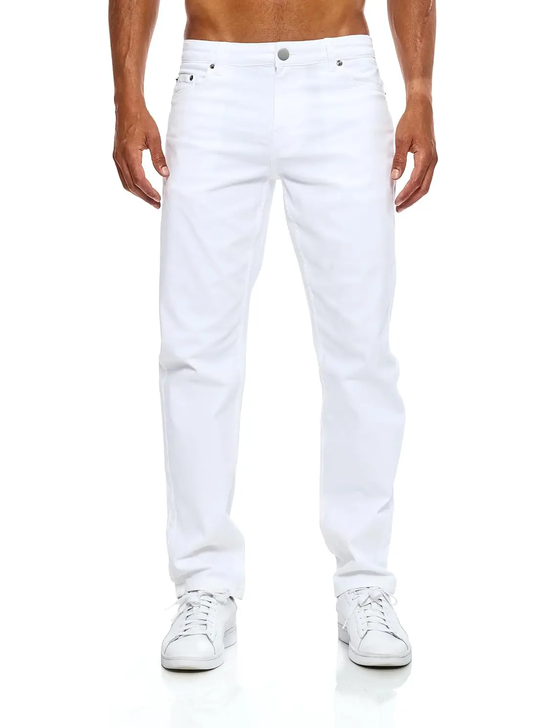 Men's Relaxed Fit Straight Leg Jeans in Plain White Stretchy Cotton, Athletic Cut for Casual Year-Round Wear, Day, Layer, White Jeans, Clean Look Beige Fabric
