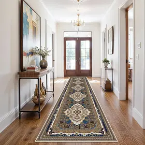 Retro Style Geometric Floral Pattern Kitchen Runner Rug, 1 Count Non-slip Soft Long Corridor Carpet, Decorative Carpet for Home Living Room Bedroom Kitchen