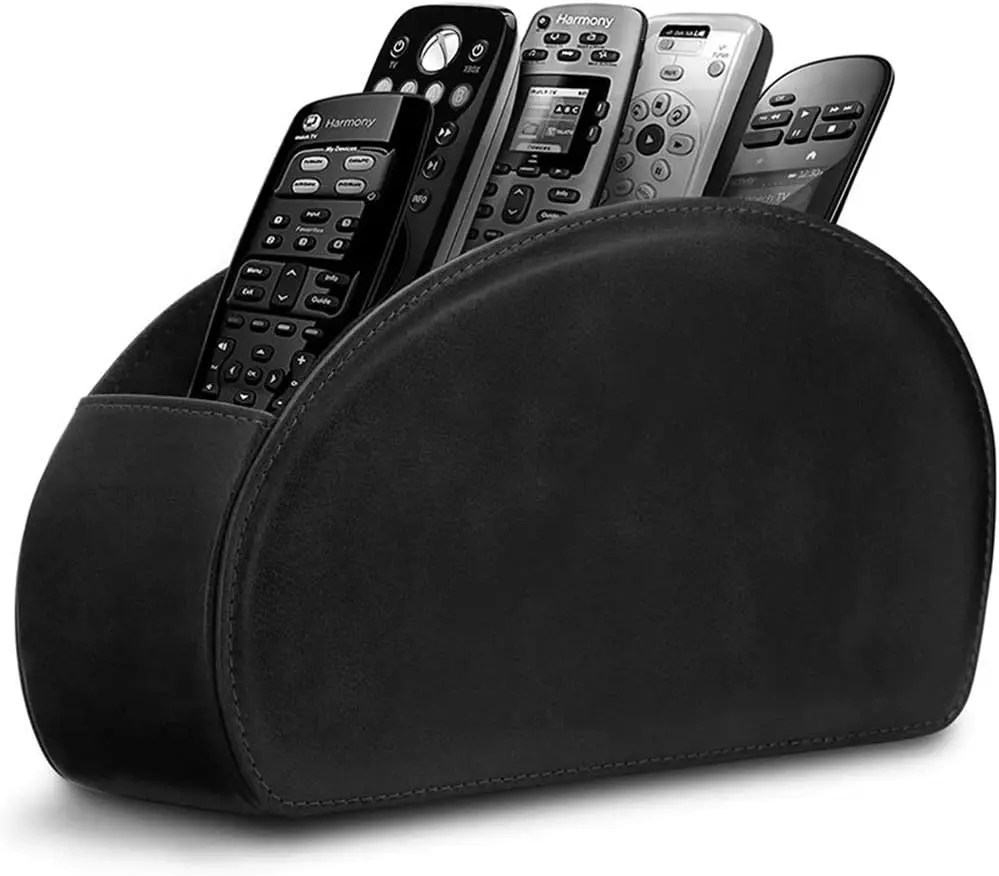 Leather Remote Control Holder with 5 Compartments TV Remote Caddy Storage Box, Desktop Organizer Store Controller,Space Saver for Bedside Table(Black)