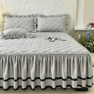 Elegant Quilted Bed Skirt Set, Bedding Accessories, Includes Bed Skirt and Two Pillowcases, Non-Slip Mattress Protector, Soft and Skin-Friendly, All-Season Use