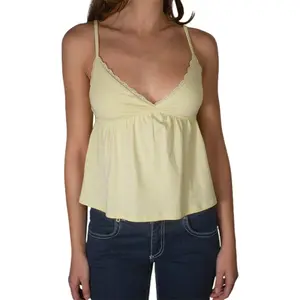 Women's Y2k Babydoll Tops Lace Trim V Neck Camisole Tank Tops Sleeveless Spaghetti Strap Peplum Top