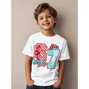 Stranger 67 Things Funny Six Seven Meme Checkered Birthday Series Kids T-Shirt |   Casual Wear, Crew Neck, Regular Fit, Geometric Pattern, Slight Stretch Fabric, Perfect for All-Season, Suitable for Birthday Gifts and Daily Wear(3Y-13Y)
