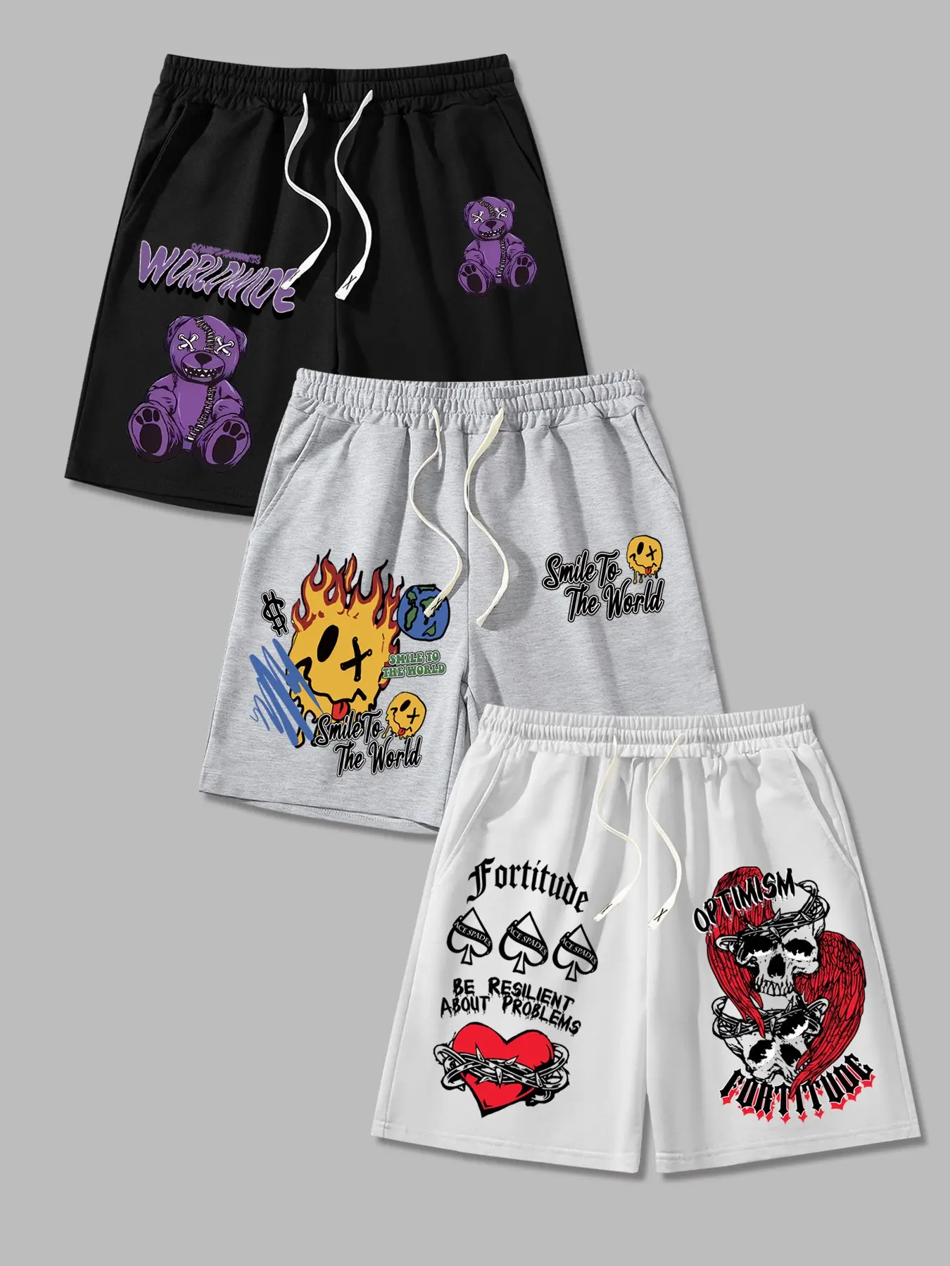 Men's 3-Piece Bear Print Shorts Set, Flame Smiley Skull Heart Pattern, Casual Fitted Drawstring Waist Summer Shorts, Active Athletic Shorts, Graphic Print Shorts for Outdoor Sports, Shorts Sportswear