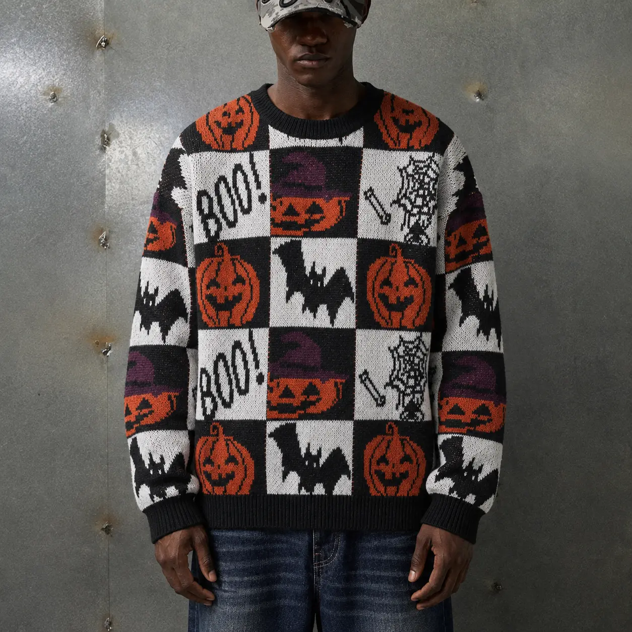 Men's Halloween Knitwear Sweater, Long Sleeve Pullover with Cozy Crew Neck and Festive Pumpkin & Bat Pattern in Knit Fabric, Perfect Halloween Sweater, Casual, Cozy Fall Wear