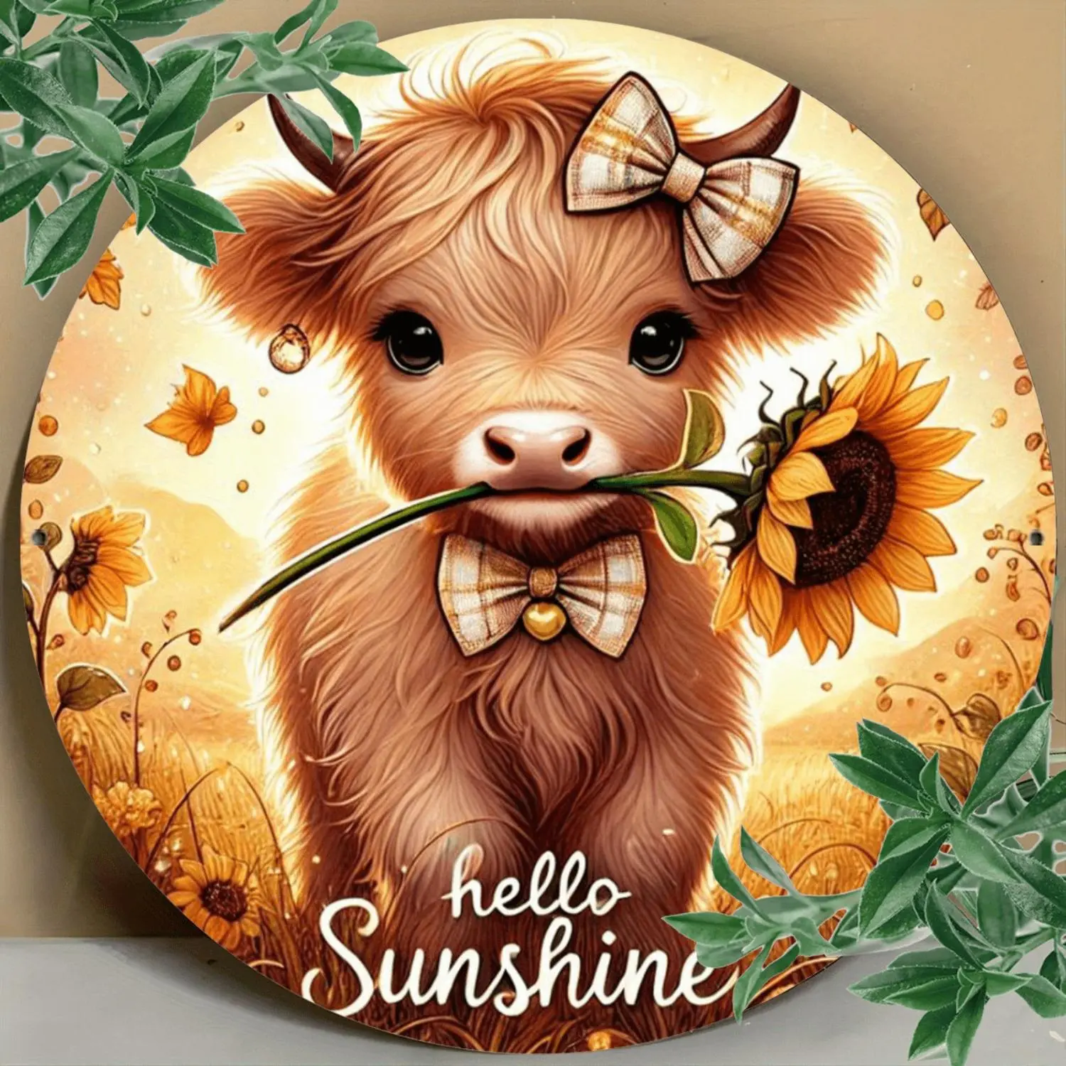 Charming Highland Cow & Sunflower Round Metal Wall Decor - 'Hello Sunshine' Vintage-Inspired Sign, Ideal Gift for Loved Ones, Perfect for Bedroom, Living Room