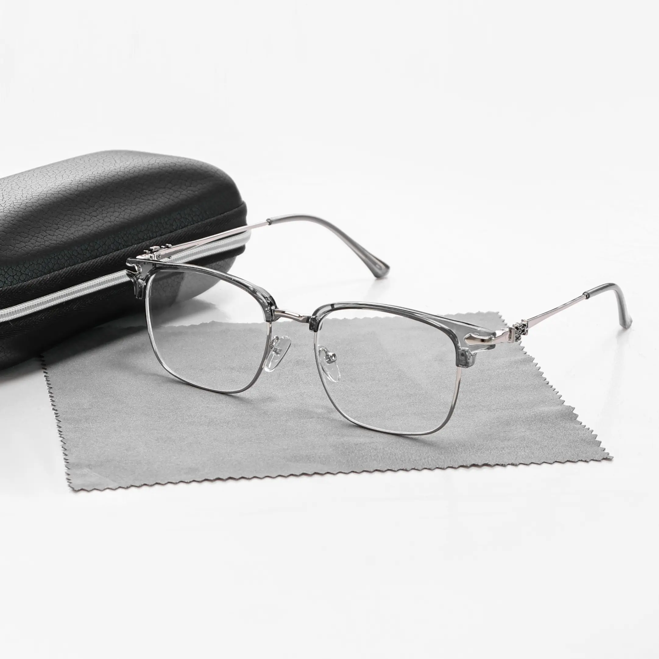 Unisex Semi-Rimless Browline Eyeglasses - Basic Alloy Rectangle Optical Frame, Men's Accessories, Daily/Student Use, Includes Eyeglass Case & Glass Cleaner Cloth