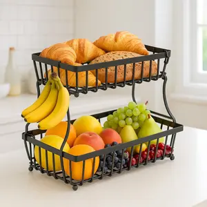 Fruit Basket for Kitchen Counter 2 Tier with 2 Mobile Banana Hangers Detachable Metal Bread Basket for Vegetables Snacks Fruits Black Rust Proof Iron Mesh