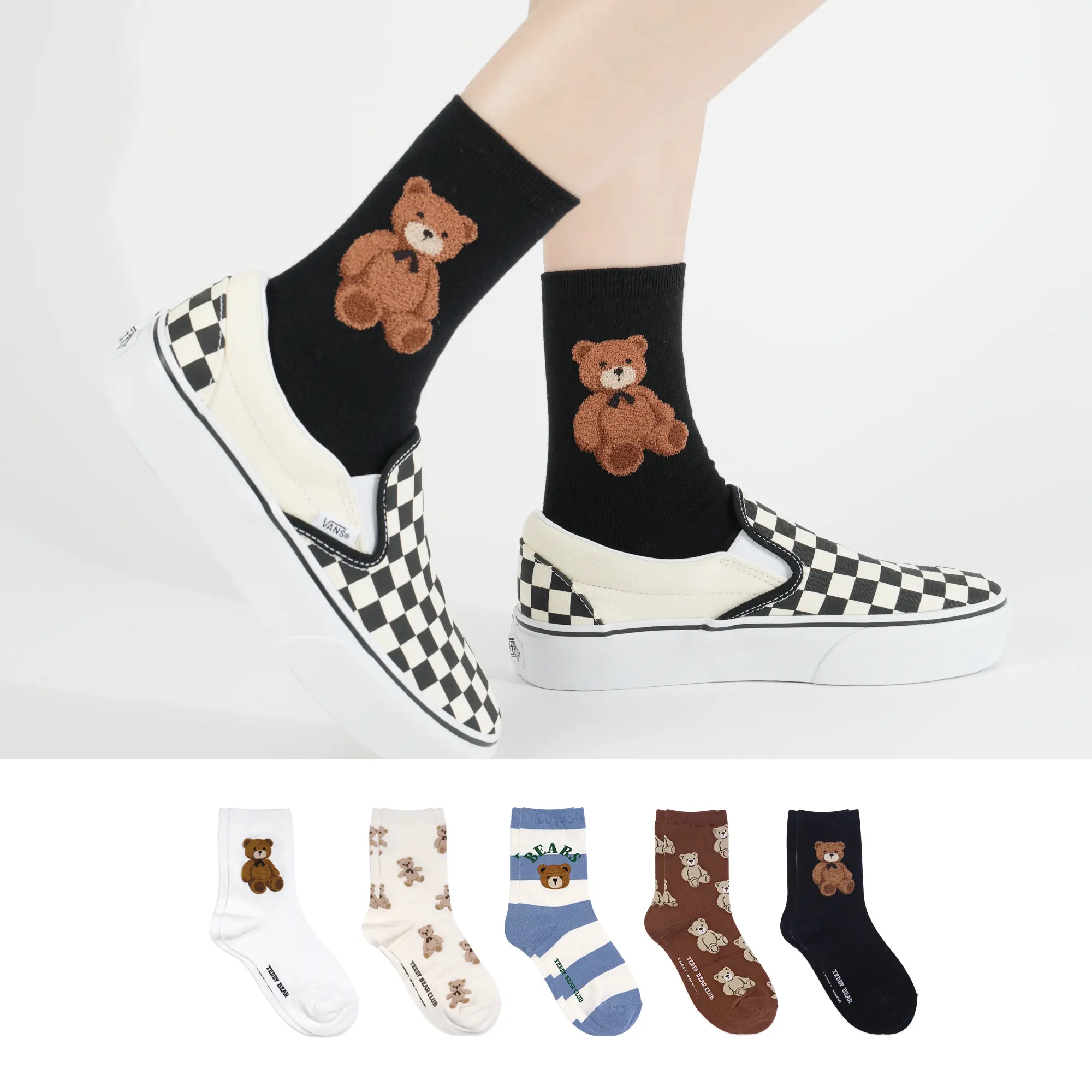 Kikiya Women's Cotton Crew Socks - Cute Teddy Bear Design Novelty Character Print - Ladies & Girls Casual Socks (Size 6-8)